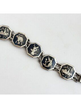 Siam Sterling Silver Hexagon Paneled Multi-Figure Thai 30's 925 Vintage Bracelet